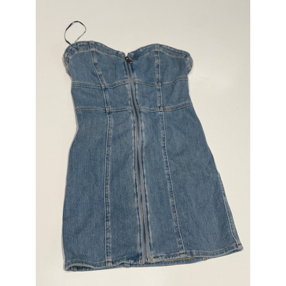 Obey Womens Denim Mini Dress Blue Strapless Zip Front Sweetheart Bodycon XS